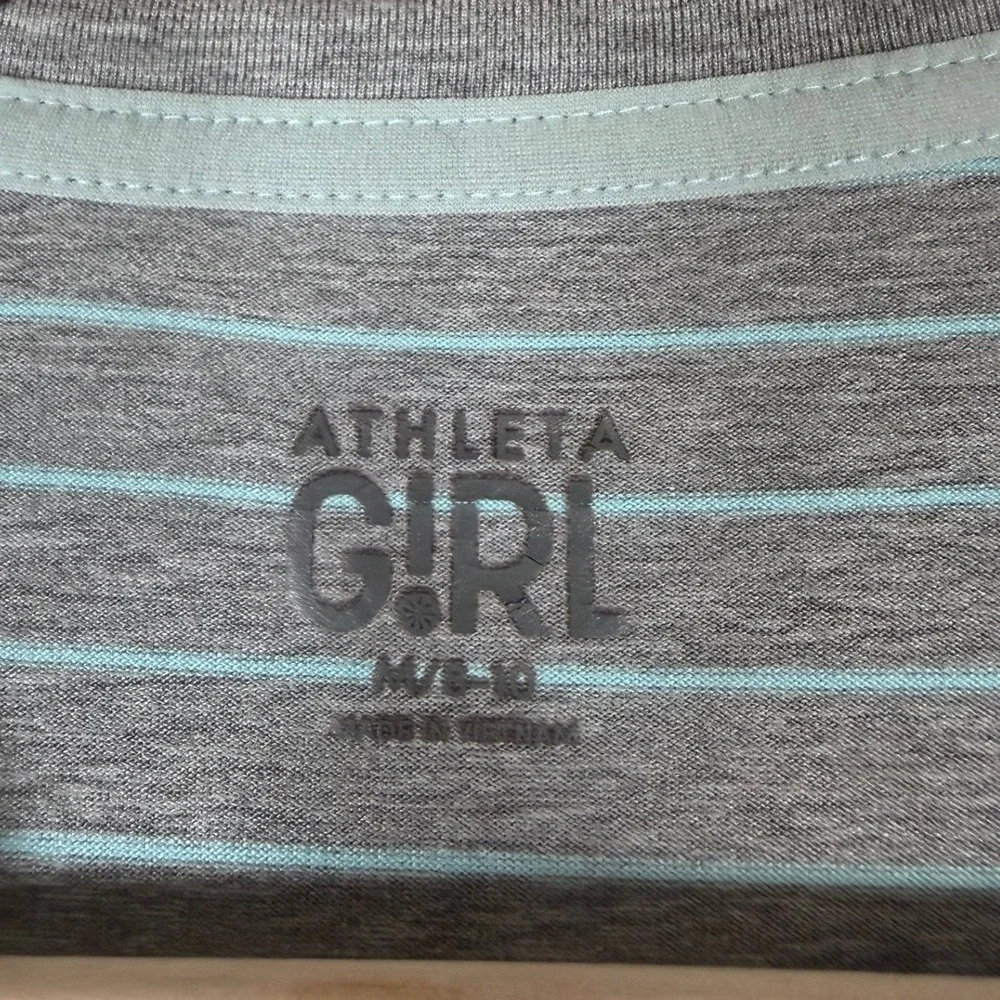 Athleta Girl Kids Grey Teal Striped Long Sleeve Thumbhole Active Top Size M 8-10